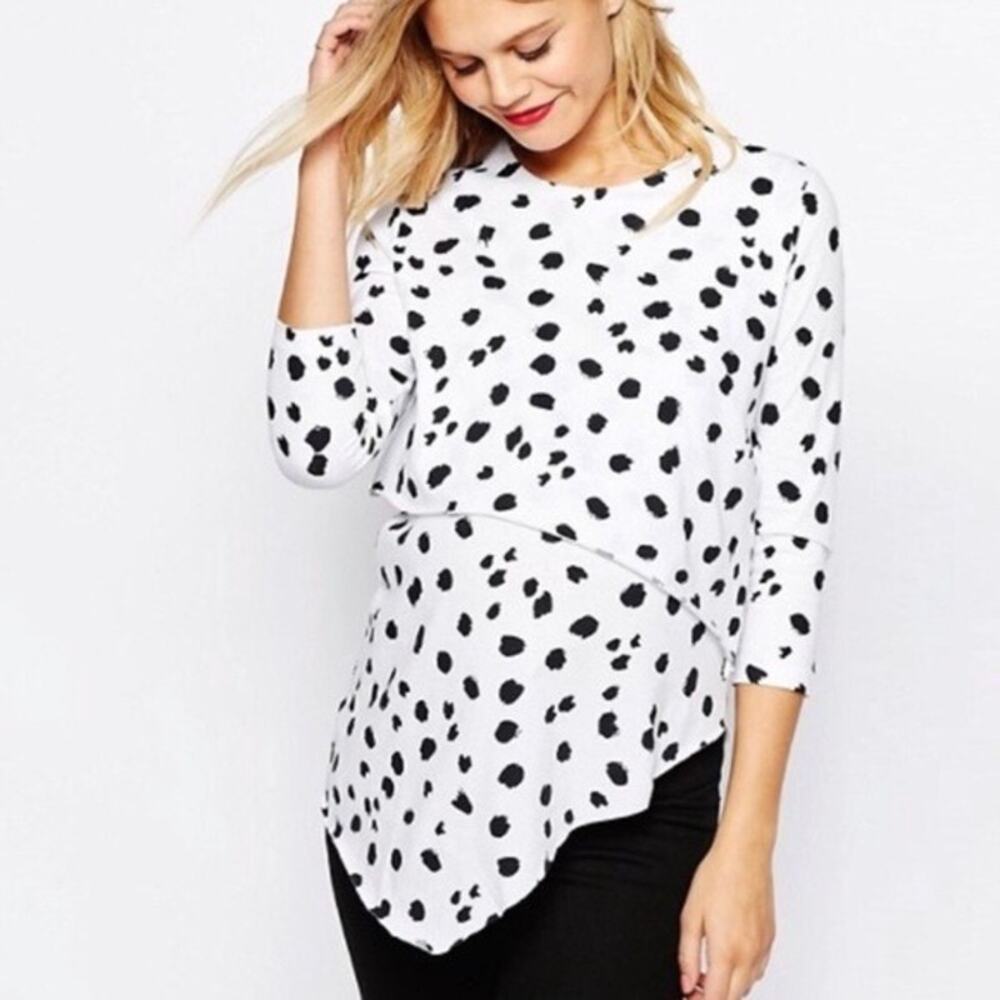 ASOS Cotton High Low Layered Animal Print Top 3/4 Sleeve 6 White Black #4133